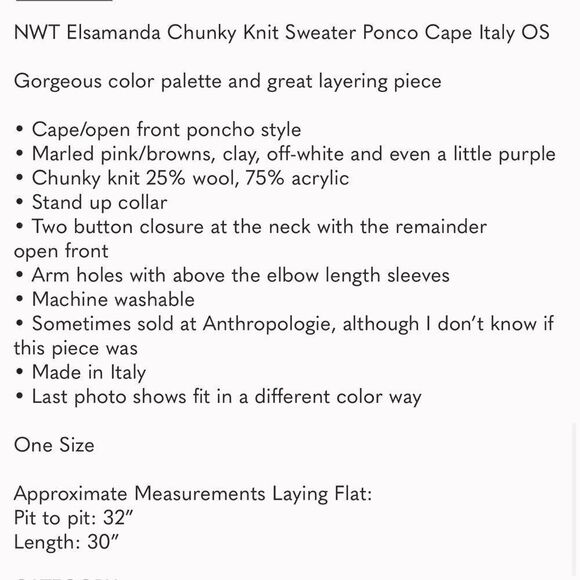 Elsamanda chunky knit poncho cape sweater Italy NWT - Picture 8 of 8